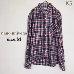 A11-044 ナノユニバース 長袖シャツ M 赤 青 チェック ミドル丈