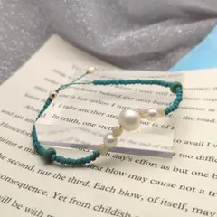 「天然石 ターコイズ パール ハンドメイド ブレスレット」