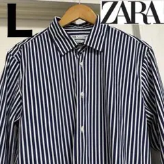 美品✨ZARA 長袖シャツ ストライプ スリムフィット 紺 白 L ビジネス
