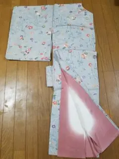正絹　ブルーグレー花柄着物
