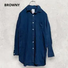 BROWNY フレンチリネン混 長袖シャツ M ネイビー 清涼感 丈長めのサムネイル