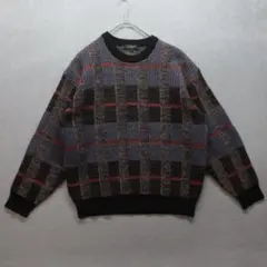 VINTAGE ウール A1928 柄ニット L 青, 茶, 紫, 黒 配色
