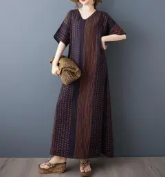 Vネック ロングワンピース 薄手 レトロ 大きいサイズ 着痩せ効果 フリー