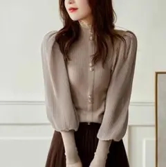 トップス リブニット バルーン袖 長袖 プリーツ オフィス カジュアル