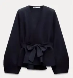 ZARA ベルト付きニットショルダーパッドブレザー 肩幅44身幅49着丈61