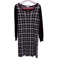 Feroux（フェルゥ）黒×白チェック ニットワンピース　薄手ニット　膝下ワンピ