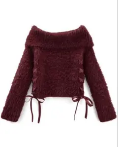 レースアップオフショルラメシャギーニットトップス[mb1591]