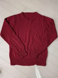 【上質】赤 Vネック 長袖ニットセーター／綿100%