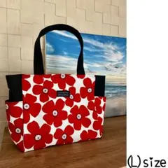 トートバッグ■北欧■大容量■L■赤いお花柄■サイドポケット付き■肩掛け 収納◎