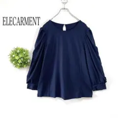 【美品】エレガーメント【４４】バルーン袖　ブラウス　伸縮性　ネイビー