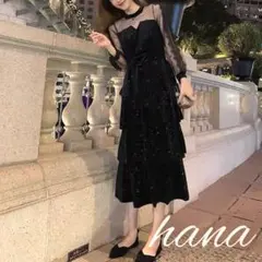 オケージョンドレス 黒 ドット シースルー ティアードワンピース 結婚式 二次会