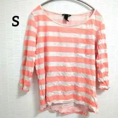 H&M 白 オレンジ ボーダー 七分袖 Tシャツ カットソー Sサイズ