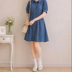 アベイル 半袖 デニムワンピース フレアワンピース M ガーリー ライトブルーのサムネイル