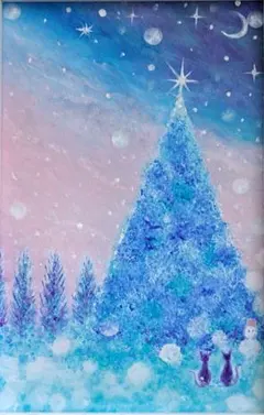 雪景色　クリスマスツリー　アクリル画　原画　ハガキサイズ　#35