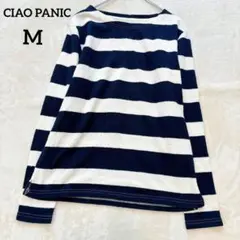 【チャオパニック】ボートネック 長袖ニット セーター (M) ボーダー 白 黒のサムネイル