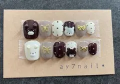 くまネイル　くまリボンネイル　ガーリーネイル　ドット　ベリーショート