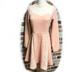 長袖異素材ワンピース　フレア　部分レース仕様　Mサイズ　きれいワンピ