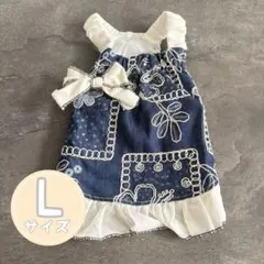 リネン刺繍ワンピース　ペット服　犬服　猫服　デニム　刺繍　リボン　フリル　花柄のサムネイル