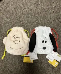 スヌーピー、チャーリーブラウン マチ付き　巾着ポーチ　２個セット①