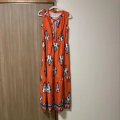 オレンジ プリント柄 ノースリーブ ワンピース　アジアンワンピ