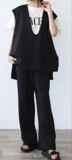シニヨン　ダンボールVネックベスト　ワイドパンツ　セットアップ　ブラック　M