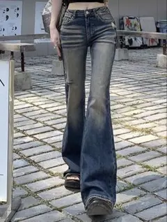 SHEIN ウォッシュド ダメージ フレアレッグジーンズ