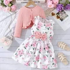 100 七五三ドレス 女の子 花柄ピンクワンピースカーディガン付き セットアップ