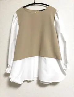 ZARA 異素材切替　プリーツブラウス　白　ベージュ