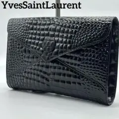 【極美品】イヴサンローラン クロコ型押し クラッチバッグ シャイニーブラック