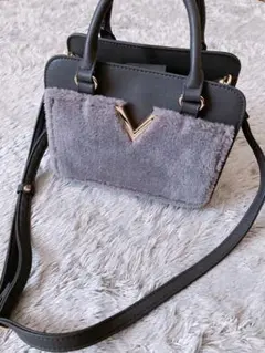 グレー ダークグレーファーハンドバッグ 上品 3way ショルダーバッグ 秋冬