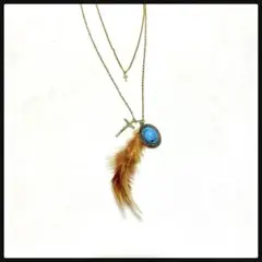 新品　ロングチェーンネックレス　ターコイズストーン　フェザー 羽十字架　クロス