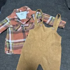 オレンジ系チェック柄シャツとオーバーオールセット 90