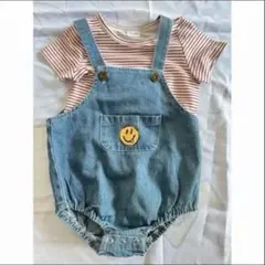 デニムロンパース 9-12M ストライプTシャツ付き　70cm〜　新品未使用