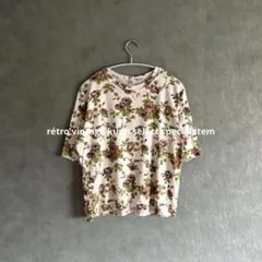 リネン混合半袖Tシャツ 花柄 総柄 韓国製 秋コーデ シンプル 레트로 コーデ 古着