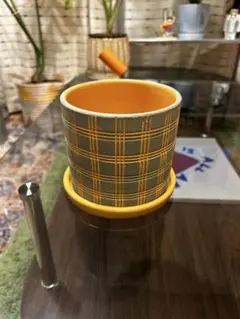 チェック柄 植木鉢 受け皿付き 陶器製 レトロ 4号