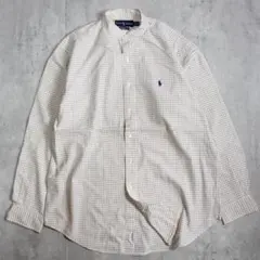 ラルフローレン ノーカラーシャツ チェック L ベージュ バンドカラー 長袖