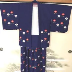 【昭和レトロ】着物　アンサンブル　紺色　椿柄　広衿　12