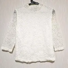 七分袖　レース　カットソー　花柄　ホワイト　冠婚葬祭　シンプル　レディース