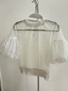 ホワイト ドット柄 バルーン袖 ブラウス