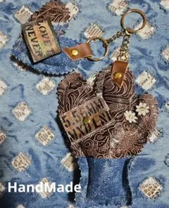 レザークラフトハンドメイドぷっくりサボテン、ハートキーホルダーデニムリメイク