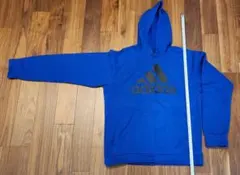 アディダス 青パーカー Oサイズ（日本L相当） フード・ポケット付き あったか