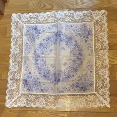 大判　花柄レースハンカチ 白紫