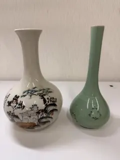 花瓶 2点セット 青磁風 山水図 花器 高さ22cm 陶器 和風 インテリア
