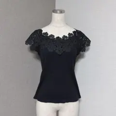 ミッシュマッシュ フラワー レース リブ カットソー ブラック フレンチスリーブ