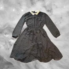 襟付き ドット 水玉 黒 ワンピース