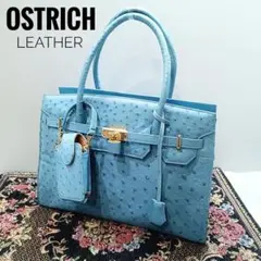 オーストリッチレザー ハンドバッグ 天ファスナー 小物ケース付 ブルー