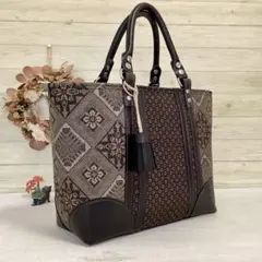 龍郷 大島紬×本革 着物リメイク トートバッグ 和装バッグ ハンドメイド A4