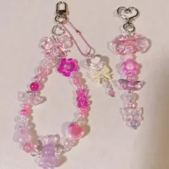 ゆめかわピンクスマホストラップチャームセットビーズストラップビーズキーホルダー
