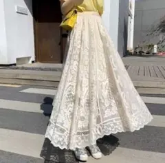 ロングスカート　レース　フレア　シアー　花柄　大人可愛い　きれいめ　カジュアル