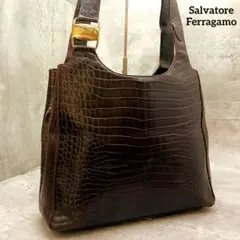 美品✨ フェラガモ クロコ型押し トートバッグ ヴァラリボン ブラウン 肩掛け